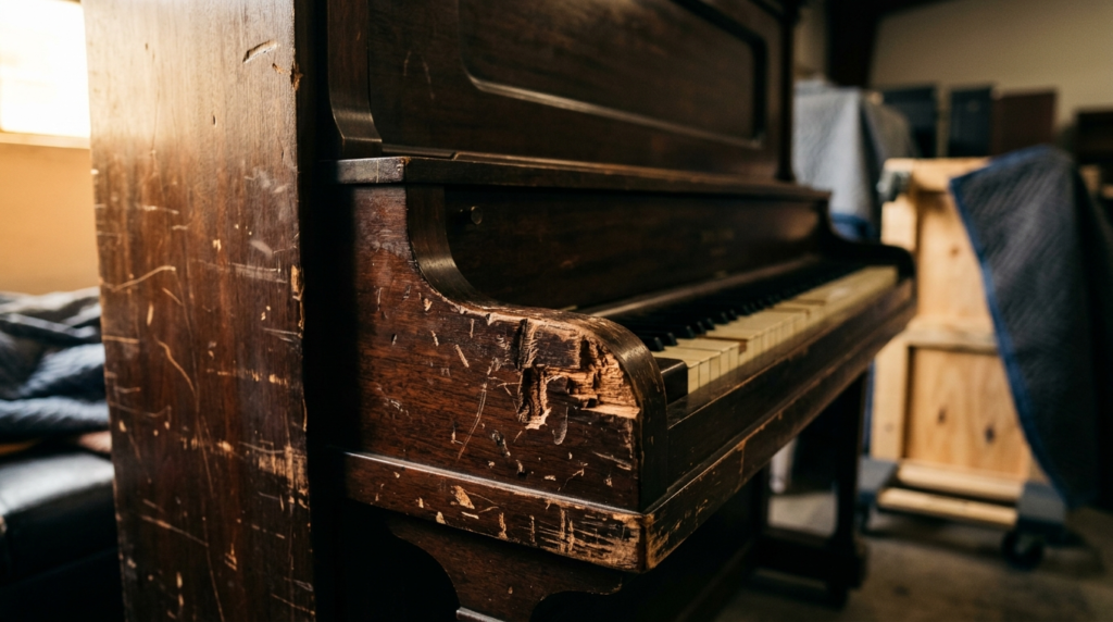 Damaged piano detail showing scratches, dents and wood damag