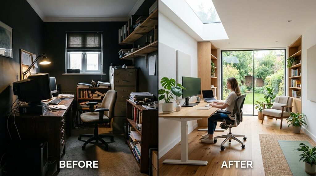 Delt billede viser hjemmekontor før og efter renovering.