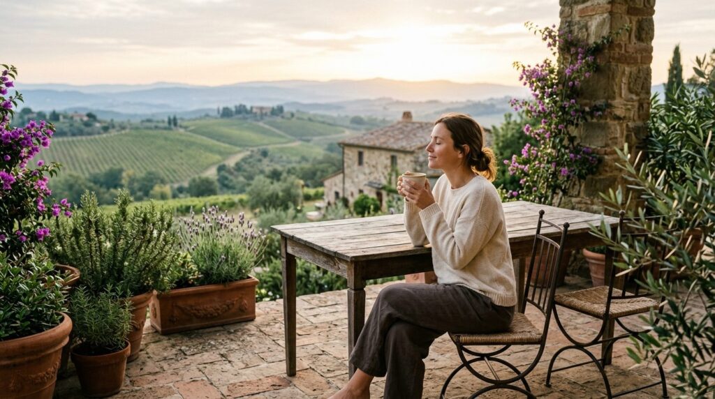 Intimate wellness moment at an Italian agriturismo: woman en