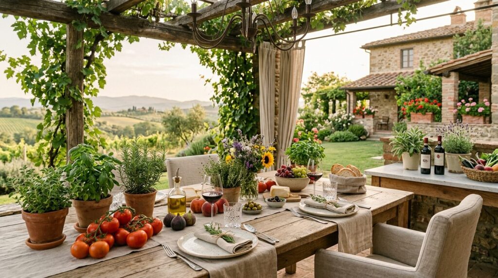 Elegant outdoor dining setup at an Italian countryside villa