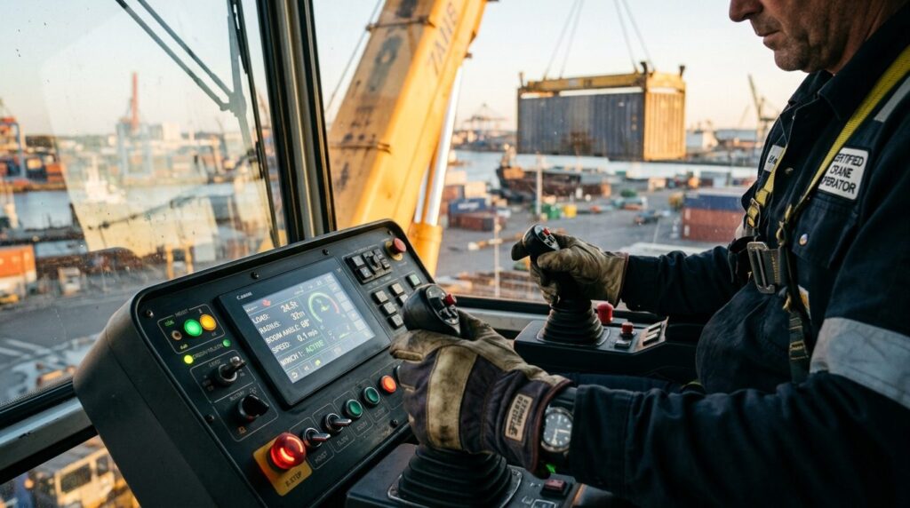 Close-up of certified crane operators hands on control pane