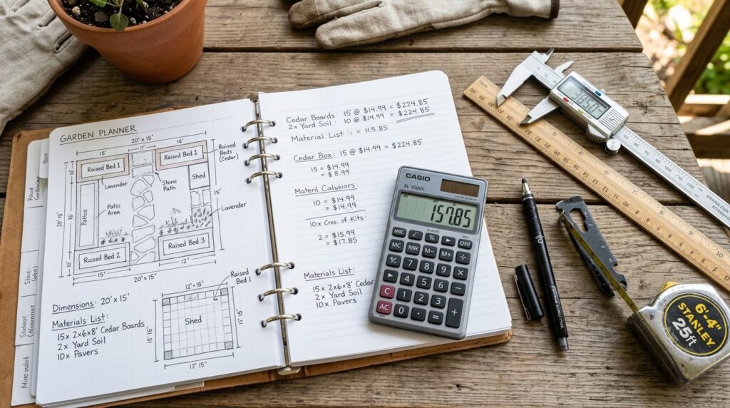 Close-up overhead shot of precise measurement tools, calcula