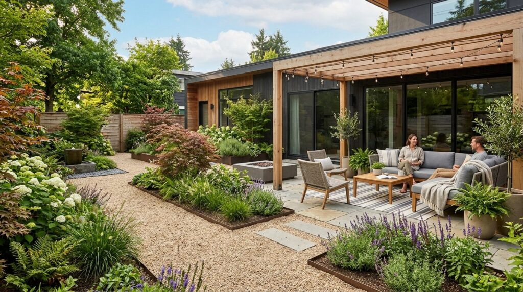 Wide shot of a beautifully designed modern garden patio area