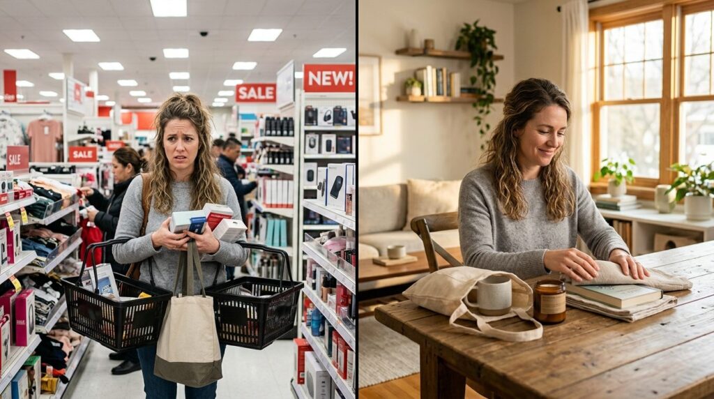 Split-screen lifestyle composition: Left side shows a stress