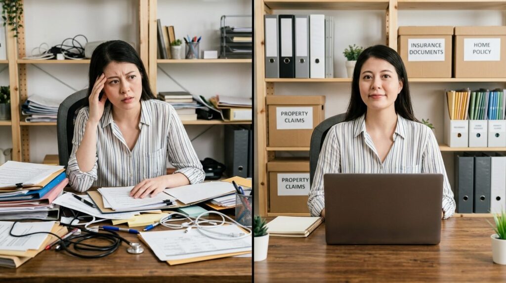 Photorealistic stock photo, 16:9 aspect ratio: Before and af