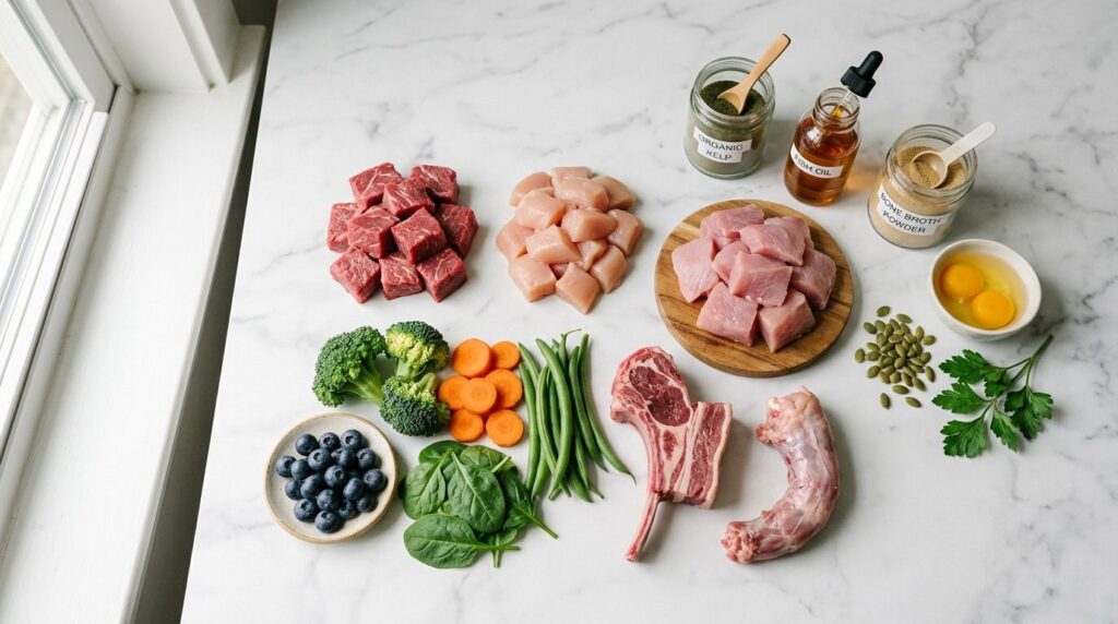Close-up flat lay of premium raw dog food ingredients arrang