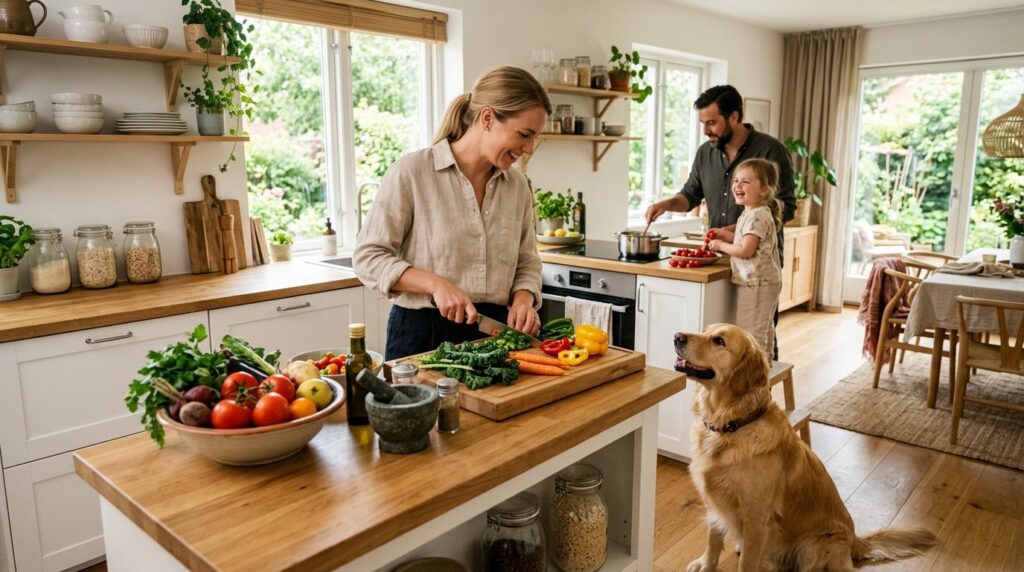 Modern family scene in a bright Scandinavian kitchen with a 