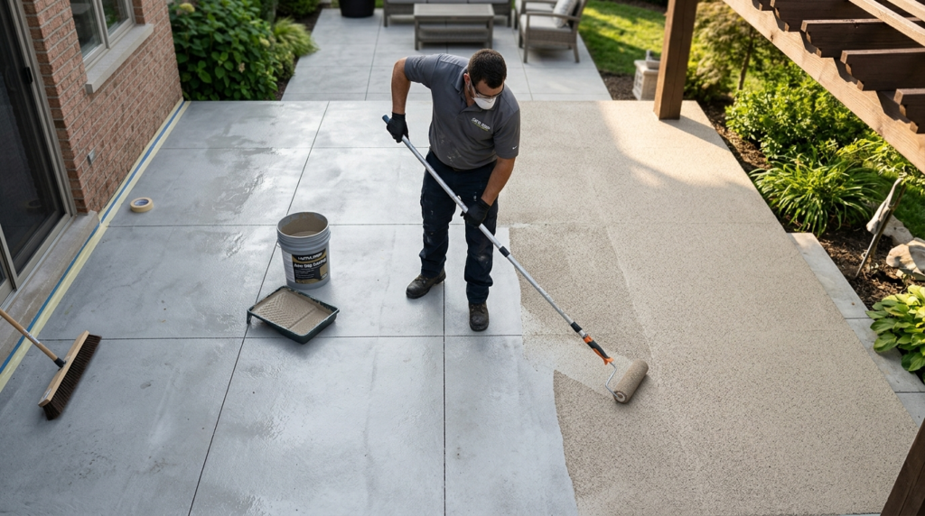 Detailed overhead shot of anti-slip coating being profession