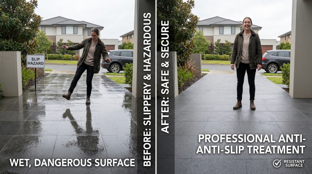 Before and after split-screen style image: left side shows s