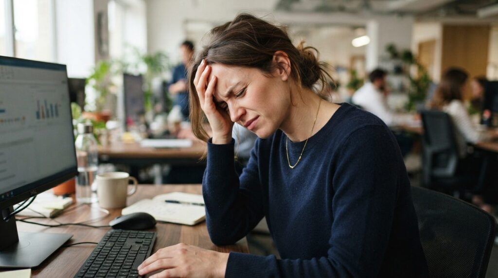 Close-up of a woman at her desk experiencing tension headach
