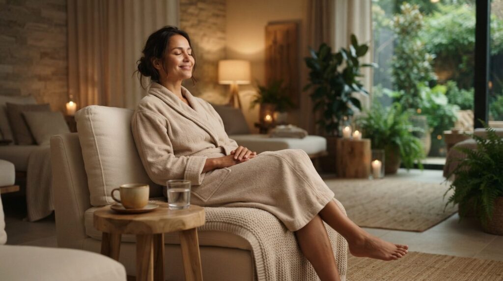 Woman in comfortable clothing enjoying relief after massage