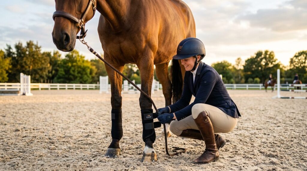 Active female equestrian rider in riding attire adjusting pr