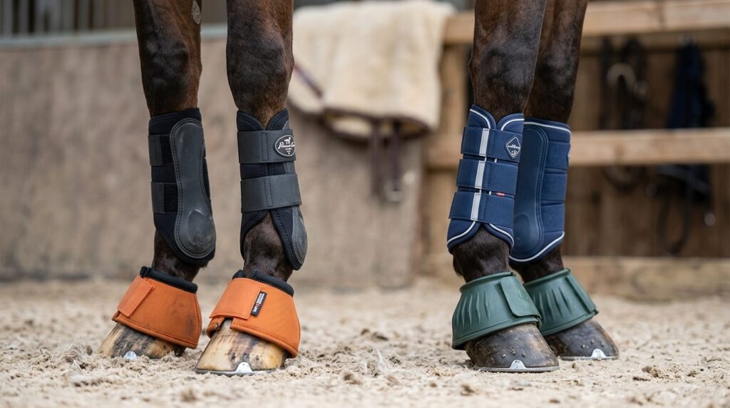 Close-up detail of horses hind legs wearing professional pr