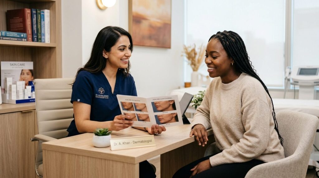 Aesthetic dermatology consultation scene: female patient in 