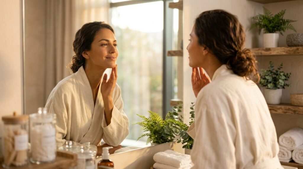 Modern woman in spa-like wellness setting looking at her ref