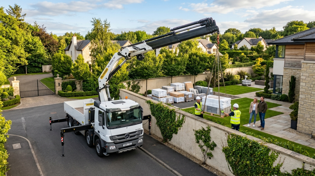 Wide-angle photorealistic shot of a modern truck-mounted cra