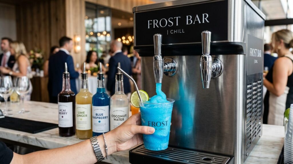 Close-up product photography of a sleek commercial slush ice