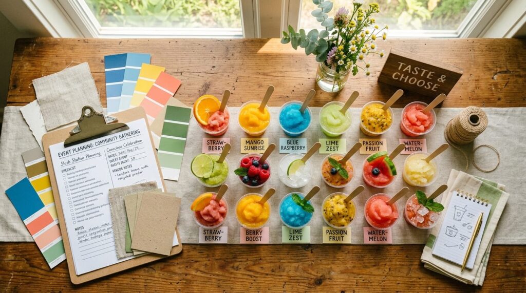 Overhead flat lay composition of various slush ice flavor op