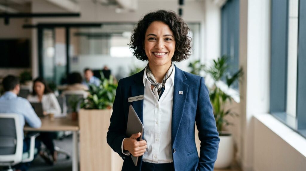 Close-up portrait of a confident female employee wearing pro