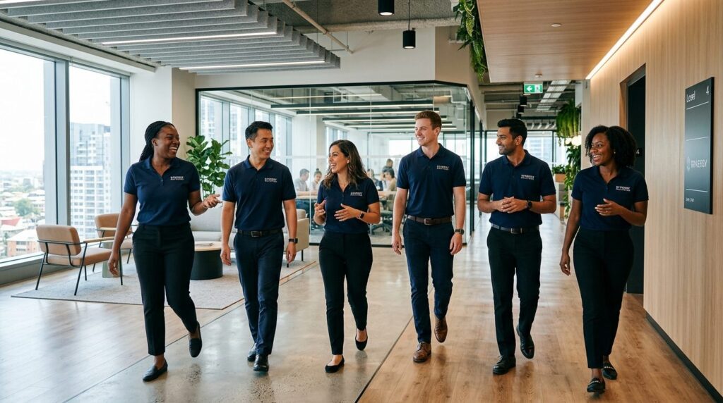 Wide-angle photograph of a multicultural workplace team in m