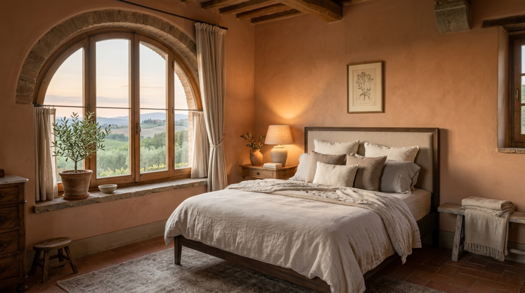 Peaceful bedroom interior in rustic Tuscan villa with terrac
