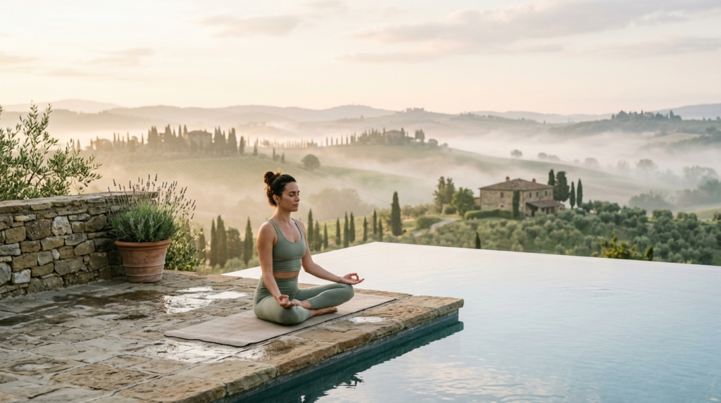 Woman practicing yoga or meditation in a private infinity po