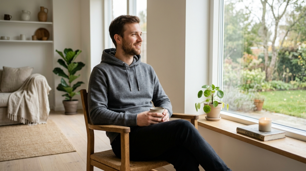 Serene lifestyle photograph of a man in his late 20s-early 3