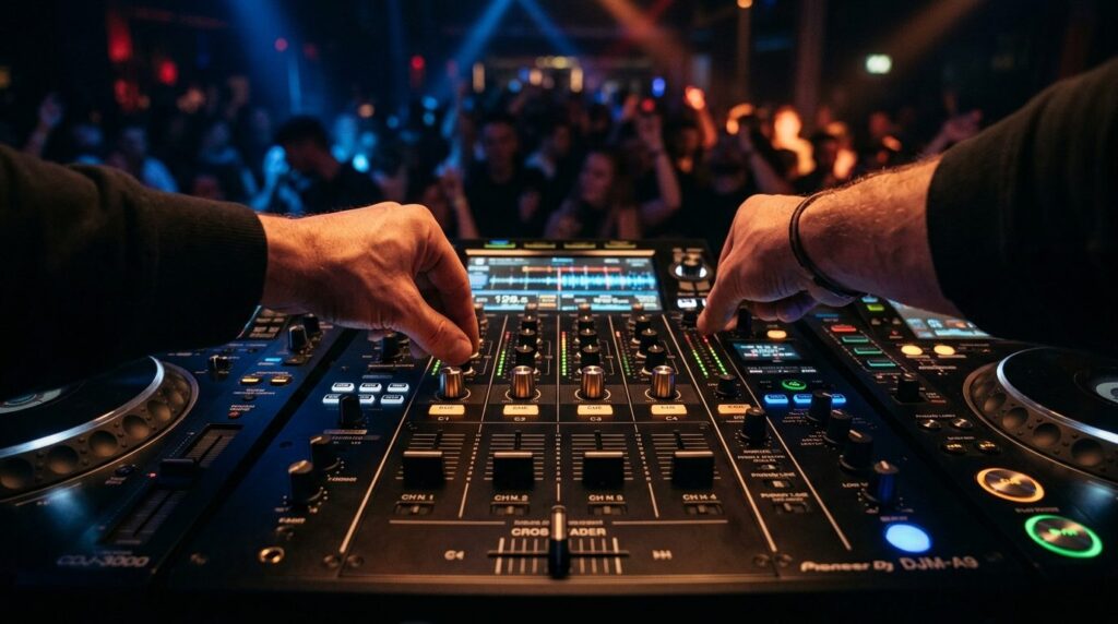 Close-up of a DJs hands confidently operating a premium mix