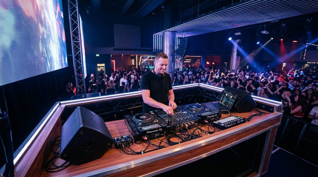 Wide shot of a DJ performing at night in a contemporary club