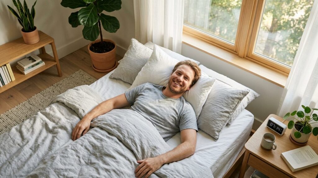Overhead shot of a man lying in bed appearing refreshed and 